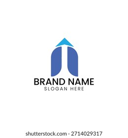 Logotipo de crecimiento de arco y flecha ascendente - Símbolo moderno de progreso inmobiliario y financiero, ícono azul Abstractas de letra N o M con marca direccional positiva - Desarrollo de marca Corporativa
