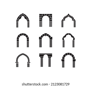 Arch vector logo template with ancient, facade, exterior, gateway, antique, architecture, oriental, stone, entrance, arched.
