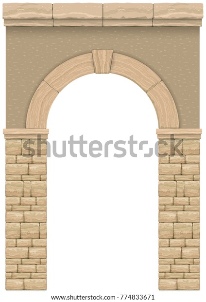 Arch in the wall of beige\
cut stone and travertine marble for a window or door in the classic\
style