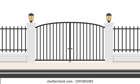 Arch way vector. arch brick door. railing vector. Wall fence wallpaper. House gate vector.