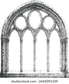 Arch, window, of building, ancient medieval church with Gothic style. Stippled effect.  Vintage look.