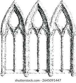 Arch, window, of building, ancient medieval church with Gothic style. Stippled effect.  Vintage look.