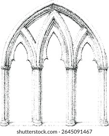 Arch, window, of building, ancient medieval church with Gothic style. Stippled effect.  Vintage look.