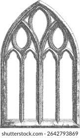 Arch, window, door of building, ancient medieval church with Gothic style. Fine stippled effect.Vintage look
