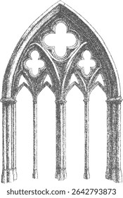 Arch, window, door of building, ancient medieval church with Gothic style. Fine stippled effect.Vintage look