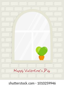 Arch window with green flower as heart in pot, greeting inscription on brick wall - Happy Valentine's Day, greeting card