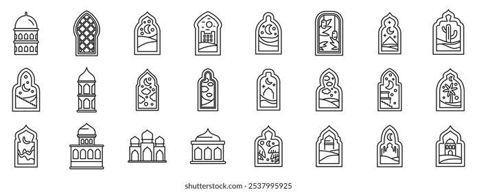 Arch window mosque muslim building icons set. Intricate line art showcasing various mosque architectural styles and ornate windows, offering a glimpse into islamic culture and design