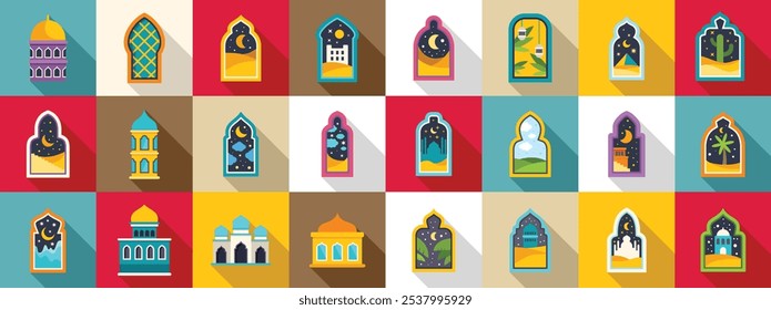 Arch window mosque muslim building icons set. Colorful collection of arabian architecture showcasing mosques, arched windows, and desert landscapes under the moonlit sky