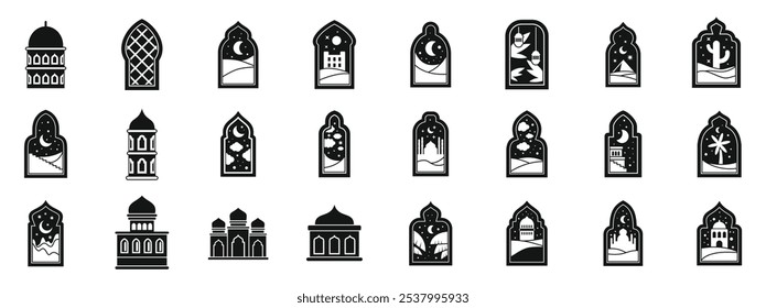 Arch window mosque muslim building icons set. This collection of icons showcases various aspects of arabian culture, from mosque architecture to desert landscapes 