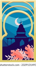 Arch window with old oriental city landscape at night vector illustration. Cartoon Arabic building silhouette with stairs and dome, arc doors and windows, crescent moon in blue sky inside frame
