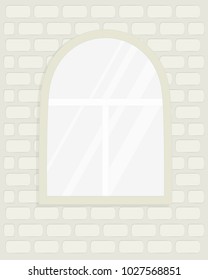 Arch window on gray brick wall, detail of architecture, design element. Vector illustration