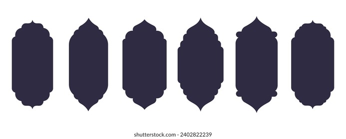 Arch window shapes. Oriental Islamic frames, mosque arch doorways or lantern silhouettes flat vector illustration set. Arabic style frames