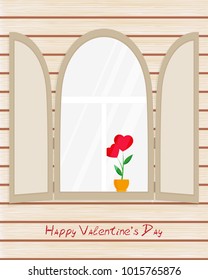 Arch window with shutters, red flower as heart in pot, greeting inscription on wooden wall - Happy Valentine's Day, greeting card