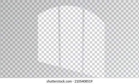 Arch window sunlight and shadow overlay for white wall mockups. Transparent vector effect for realistic sun light imitation