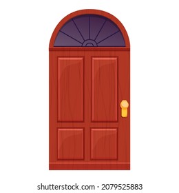 Arch wooden door, front entrance with window, textured in cartoon style isolate on white background. Ui game asset, medieval decoration