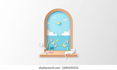 Arch wooden window frame with book, cat, coffee, planter and yellow ducks swimming in lake on Summer. Summertime. paper cut and craft style. vector, illustration.