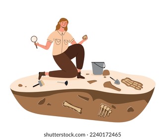 Archaelogical excavations concept. Young girl with magnifying glass examines bones under ground. History and paleontology, hoard and fossils. Poster or banner. Cartoon flat vector illustration
