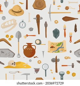 Archaeological ancient finds and tools seamless pattern. Prehistoric research and antique finds ancient weapons and artifacts in burial mounds and crypts. Vector old civilization.