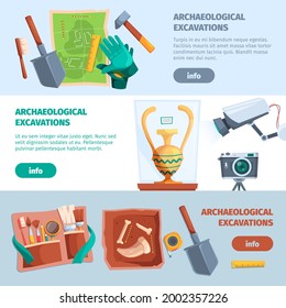 Archaeological Banners. Ancient Tools For History Adventure Education Excavations Finding Various Artifacts Maps Garish Vector Banner Templates With Personal Text