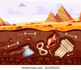 Archaeological excavation fossil ancient artifact concept. Vector graphic design illustration