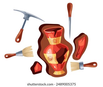 Archaeological excavation fossil ancient artifact concept. Vector graphic design illustration