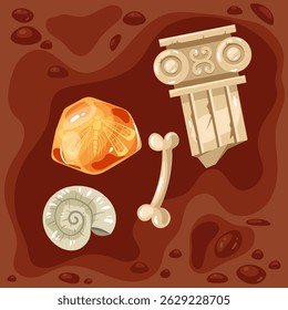 Archaeological excavation fossil ancient artifact concept. Vector graphic design illustration