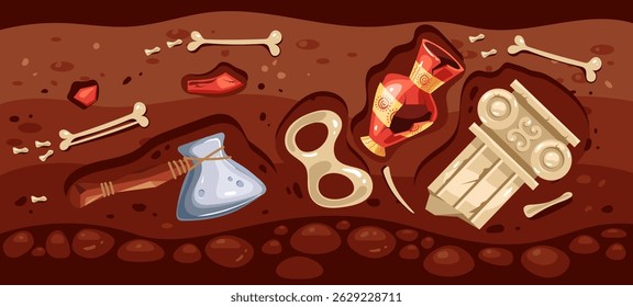 Archaeological excavation fossil ancient artifact concept. Vector graphic design illustration
