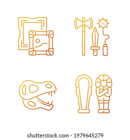 Archaeological excavation gradient linear vector icons set. Paintings. Knight weapon. Dinosaur skeleton. Sarcophagus. Thin line contour symbols bundle. Isolated vector outline illustrations collection
