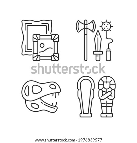 Archaeological excavation linear icons set. Paintings. Knight weapons. Dinosaur skeleton. Sarcophagus. Customizable thin line contour symbols. Isolated vector outline illustrations. Editable stroke