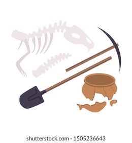 Archaeological Excavation Tools and Prehistoric Fossils, Pickaxe, Shove, Animal Skeleton, Ceramic Crocks Flat Vector Illustration