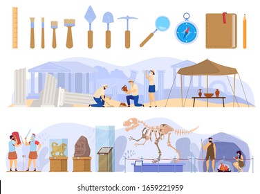 Archaeological excavations in antique ruins, history museum exhibition, vector illustration. Archaeologist searching for ancient artifacts, people cartoon characters. Set of isolated archeology tools