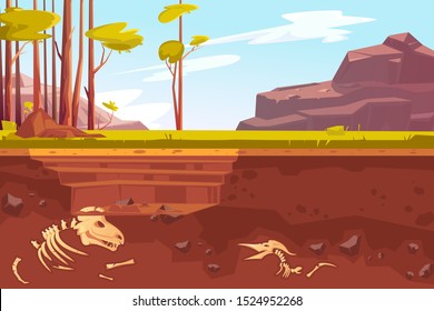 Archaeological excavations, cartoon vector illustration. Natural landscape with trees, mountains, green grass and dug pit. Underground soil with fossils, dinosaur skeleton in them, cross section