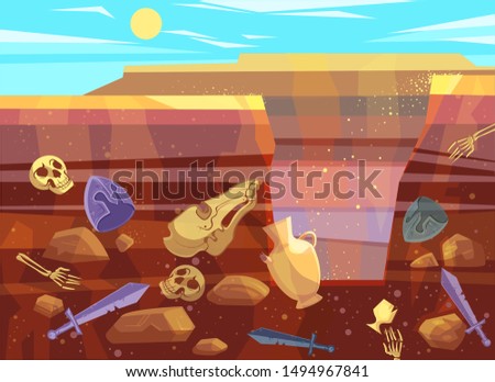 Archaeological excavations, cartoon vector illustration. Desert landscape with sand dunes, bright sun and dug pit. Underground soil with fossils and ancient artifacts in them, cross section