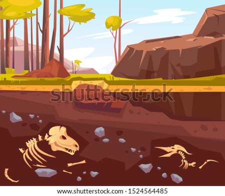 Archaeological excavations, cartoon vector illustration. Natural landscape with trees, mountains, green grass and dug pit. Underground soil with fossils, dinosaur skeleton in them, cross section