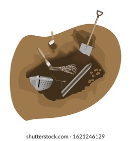 Archaeological excavations of the Crusader knight with a sword and helmet and the bones of the hand. Torn chain with a cross. Scattered coins. A shovel and a scoop stuck in the ground. Vector.