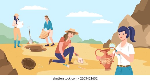 Archaeological excavations. Diggers characters in desert, men and women looking for ancient artifacts and fossils, professionals archaeologists work, vector archeology concept