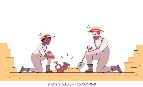 Archaeological excavations flat vector illustration. Mysteries of past studies. Man and woman discovering historical artifacts isolated cartoon characters with outline elements on white background