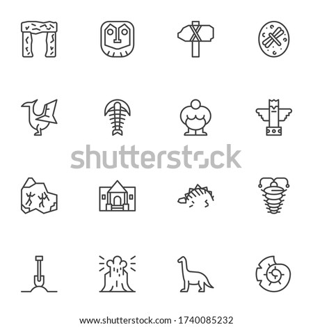 Archaeological excavations line icons set, outline vector symbol collection, linear style pictogram pack. Signs, logo illustration. Set includes icons as prehistoric weapon, dinosaur skeleton, volcano
