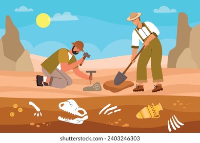 Archaeological excavations process. Scientists are looking for historical values, men with tools dig up dinosaur bones, vector illustration.eps
