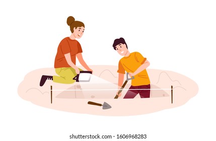 Archaeological excavations, treasure hunt flat vector illustration. Excited archeologists dig out historical discovery cartoon characters. Paleontological research site design element.