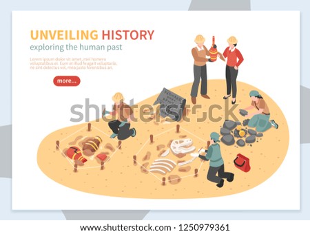 Archaeological exploration of historical artifacts isometric concept of web banner on white background  vector illustration