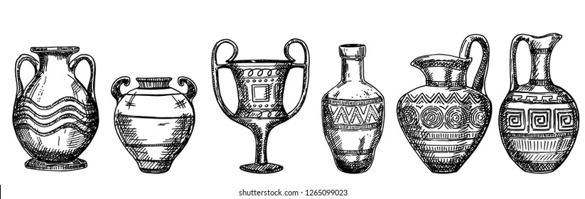 Archaeological finds. vases and pitchers. Sketch. Ancient decorative pots isolated on white background, old antique clay greece pottery ceramic bowls vector illustration.