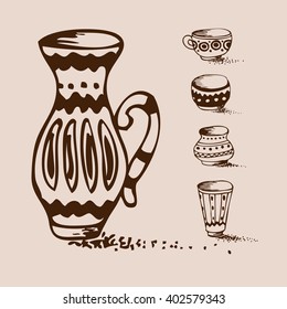 archaeological finds. vases and pitchers, vector monochrome freehand sketchy