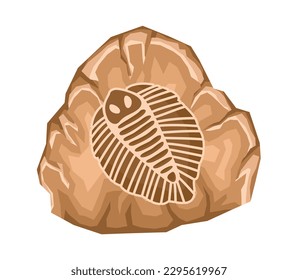 Archaeological fossil dig. Ancient stone with imprint of prehistoric marine animal or protozoan silhouette. Paleontology and evolution. Cartoon flat vector illustration isolated on white background