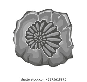 Archaeological fossil dig. Ancient stone with sea shell or underwater creature silhouette. Paleontology and evolution of life on Earth. Cartoon flat vector illustration isolated on white background