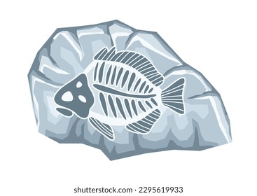 Archaeological fossil dig. Prehistoric fossil or ancient stone with skeleton of fish or sea creature. Paleontology and Jurassic history. Cartoon flat vector illustration isolated on white background