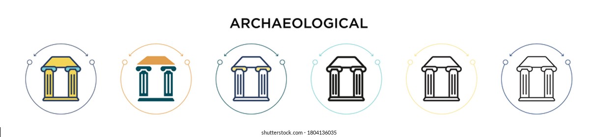 Archaeological icon in filled, thin line, outline and stroke style. Vector illustration of two colored and black archaeological vector icons designs can be used for mobile, ui, web