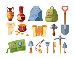 Archaeological Inventory Tools, Finds And Ancient Artifacts Set. Amphora, Papyrus, Antique Pillar, Gold Coins And Instruments For Treasures Excavation. Archaeology And Treasure Hunting Cartoon Vector
