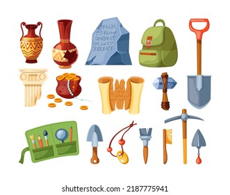 Archaeological Inventory Tools, Finds And Ancient Artifacts Set. Amphora, Papyrus, Antique Pillar, Gold Coins And Instruments For Treasures Excavation. Archaeology And Treasure Hunting Cartoon Vector