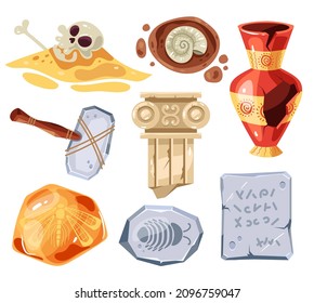 Archaeological items remains isolated set. Vector flat graphic design cartoon illustration